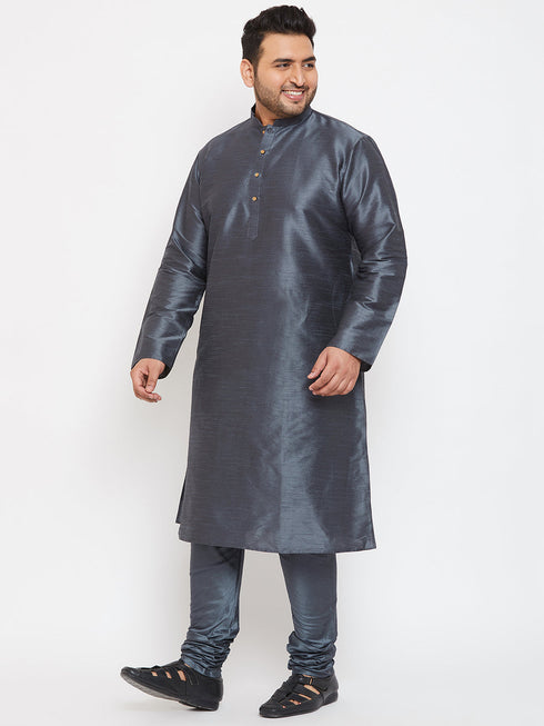 Vastramay Men's Plus Size Grey Silk Blend Kurta Pyjama Set